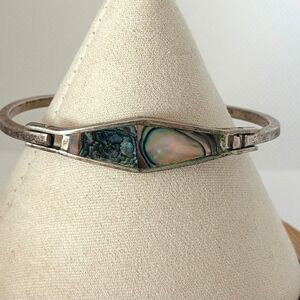 Vintage Mexico Alpaca Silver Abalone Shell Inlay Hinged Bangle Bracelet